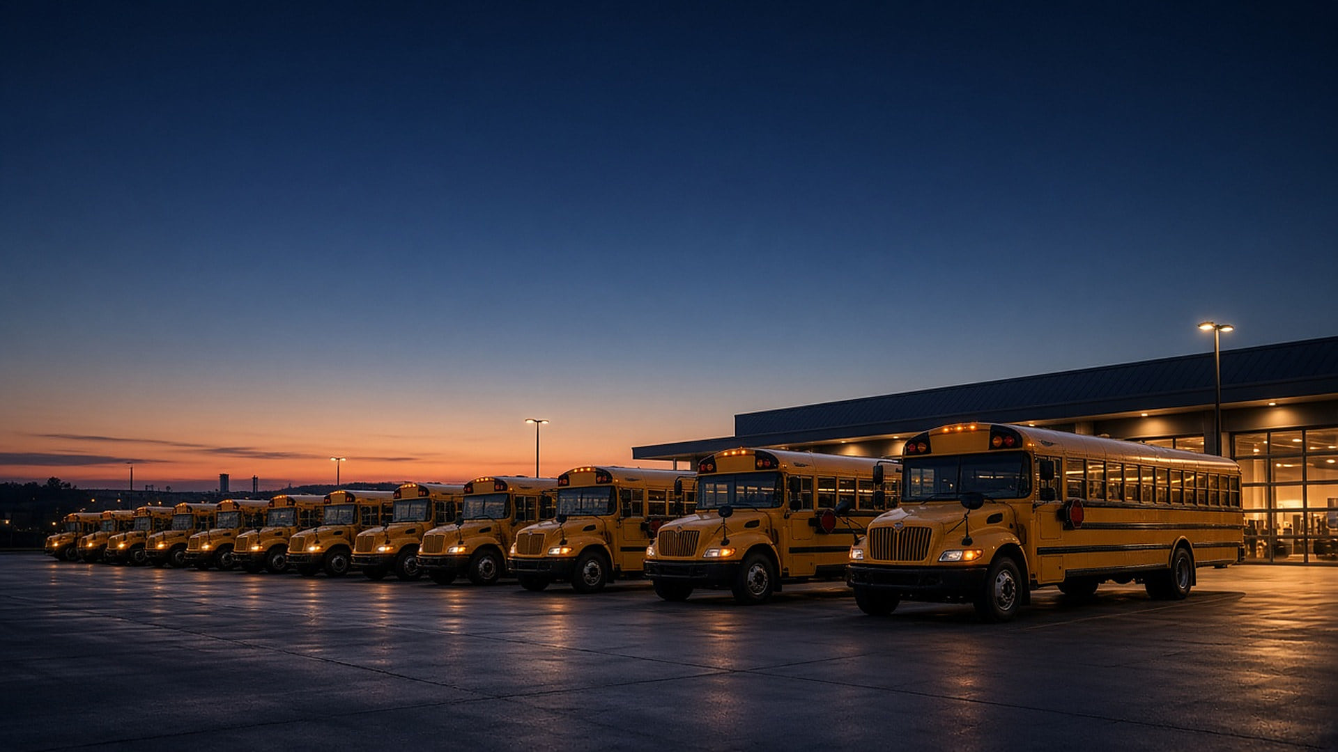School buses parked at a depot at dusk