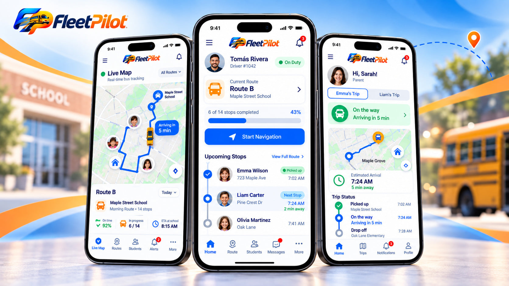 FleetPilot mobile apps: live bus map, driver run with upcoming stops, and parent trip status