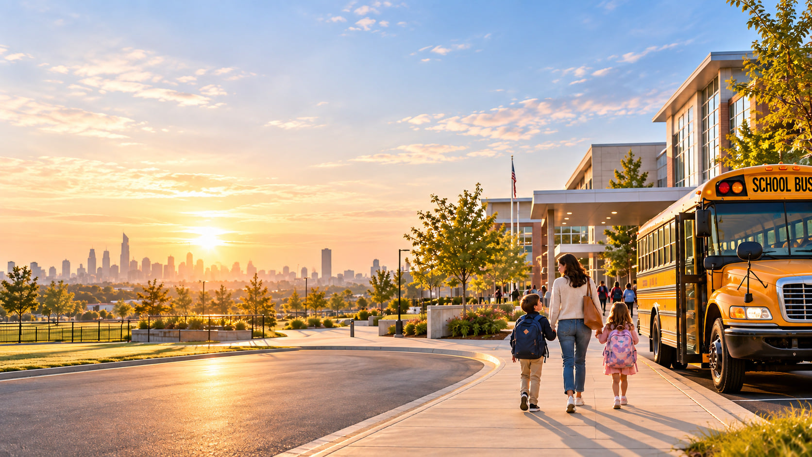 A parent walking two children to the school bus